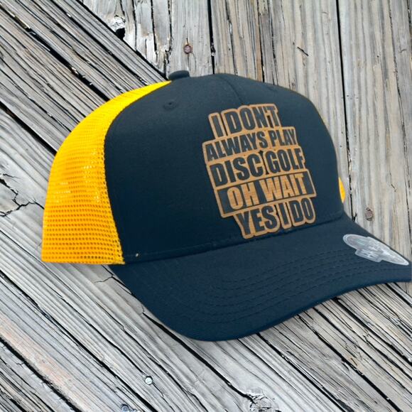 Disc Golf Leather Patch Hat Custom Trucker Hat Always Disc Golfing Blk/Org - Picture 3 of 6